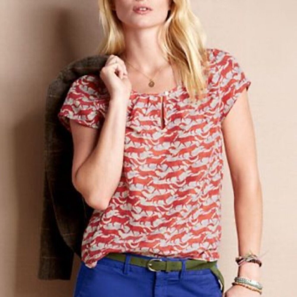 Lands’ End Canvas 100% Silk Top in Orange and Blue Watercolor Fox Print (Size 2)